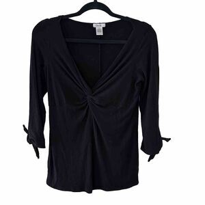 Cache Black Ruched Knot Bust Slit Tie Sleeves‎ V Neck Top Size Medium